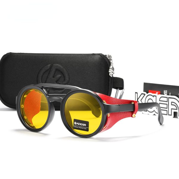 Vintage Round Sunglasses Men Women Leather Shield Sun Glasses  Twin Bridge Designed Shade KD179 Supply - Image 5